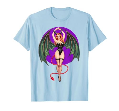 Classic Vintage Pin-Up Sexy Girl by YUX Sexy Succubus Monster Halloween Hand Heart Pin-Up Girl Devil T-Shirt - size chart