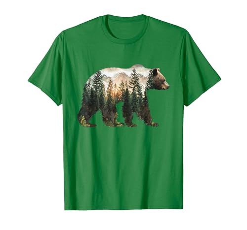 Bear Designs. Bear Forest Mountains Trees Nature Sunset Outdoor Graphic T-Shirt - size chart
