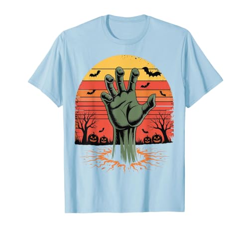 Creepy Undead Zombie Hand Retro Sunset Scary Zombie Hand Retro Sunset Halloween Horror Tee T-Shirt - size chart