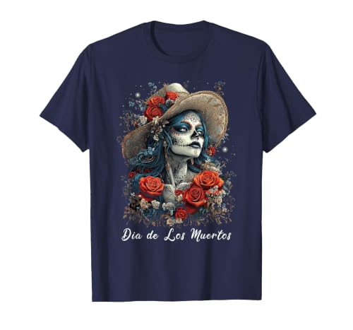 DIRHAME Dia De Los Muertos Mexican Sugar Skull Girl Halloween Dia De Los Muertos T-Shirt - size chart