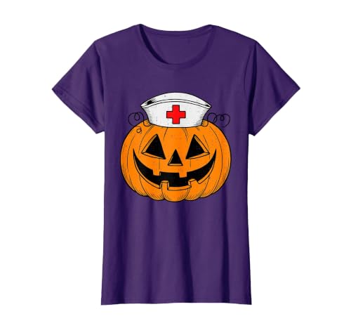Halloween Tees for Women Men Kids Funny Pumpkin Nurse Scary Halloween Costume RN CNA ICU Women T-Shirt - size chart