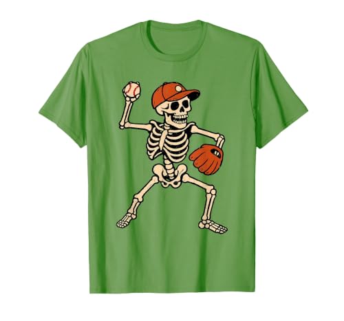 Funny Skeleton Baseball Tee Skeleton Baseball Halloween Costume Pitcher Sport Player T-Shirt - size chart