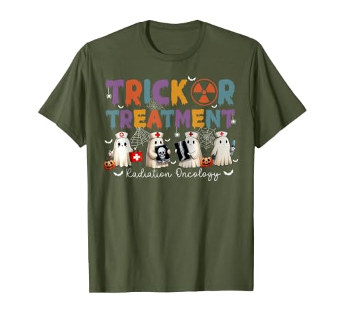 Radiation Oncology Therapist Halloween Costume Trick Or Treatment Radiation Oncology Halloween Rad Therapy T-Shirt - size