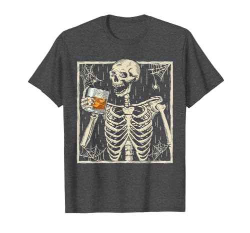 Funny Skeleton Drinking Bourbon Whiskey Halloween Alcoholic T-Shirt - size chart