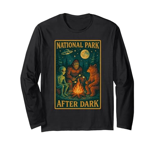 National Park After Dark Tee National Park After Dark: Alien Bigfoot Bear Camping Long Sleeve T-Shirt - size chart