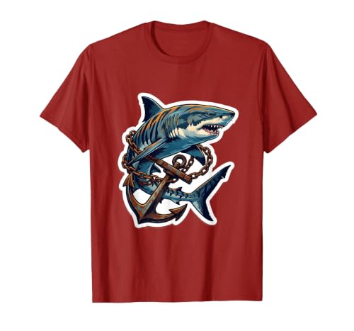 Mademark Tiger Shark Tangled in Anchor Chain Illustration T-Shirt - size chart