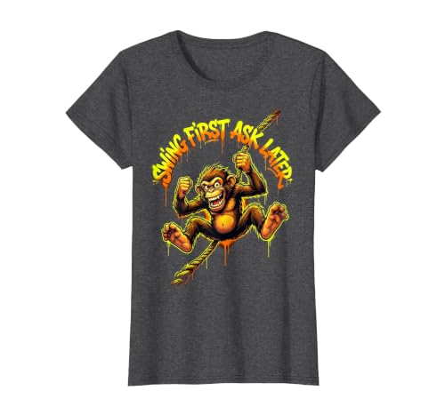 Mademark Swing First Ask Later Funny Monkey Design T-Shirt - Women - size chart
