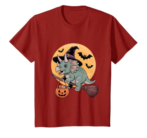 Triceratops Lover Dino Halloween Party Wear Triceratops Witch Hat Pumpkin Halloween Costume Men Women T-Shirt - size chart