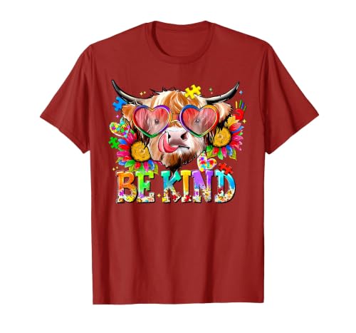 Be Kind Highland Cow Autism Awareness Sped Teacher Be Kind Highland Cow Autism Awareness Inspirational Teacher T-Shirt -