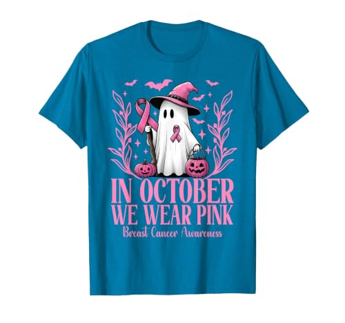 Arich.Tee's Breast Cancer Awareness Ghost in October We Wear Pink Breast Cancer Witch Ghost Halloween T-Shirt - size chart