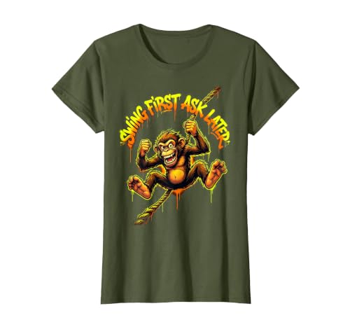 Mademark Swing First Ask Later Funny Monkey Design T-Shirt - Women - size chart