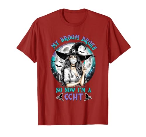 CCHT Dialysis Technician My Broom Broke So Now I'm a CCHT Dialysis Tech Halloween T-Shirt - size chart