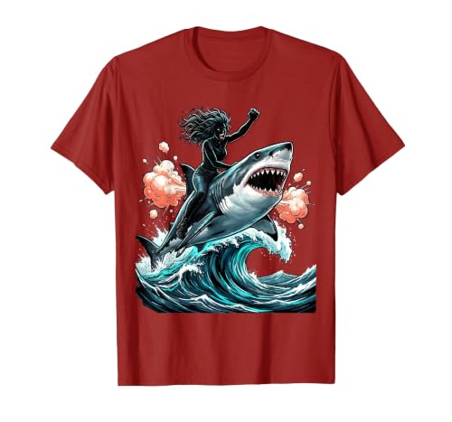 Mademark Woman Riding Shark Through Crashing Wave T-Shirt - size chart