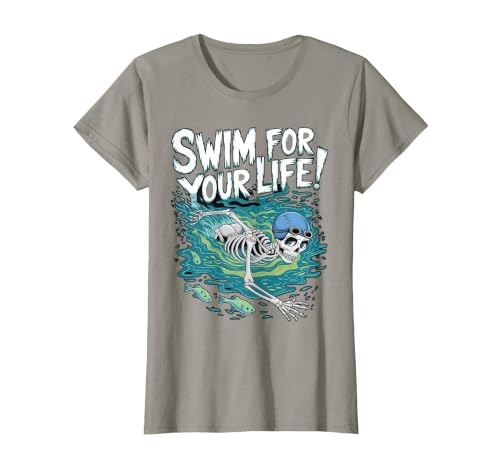 Swim Lover Halloween Custom Tee For Swimmers Kids Halloween Skeleton Swimming Swim for Your Life Swimmers Dad T-Shirt - size