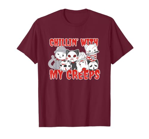 Chillin With My Creeps Apparel Chillin with My Creeps Cat Horror Killer Halloween Costume T-Shirt - size chart