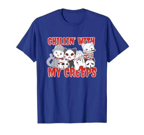 Chillin With My Creeps Apparel Chillin with My Creeps Cat Horror Killer Halloween Costume T-Shirt - size chart