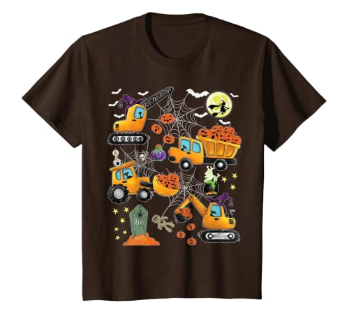 Kids Fun Construction Vehicle Halloween spider web Kids Construction Vehicle Halloween Crane Truck Pumpkin Boys T-Shirt -