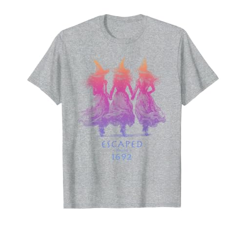 Escaped Since 1692 Halloween Escaped Since 1692 Funny Witch Halloween Design T-Shirt - size chart
