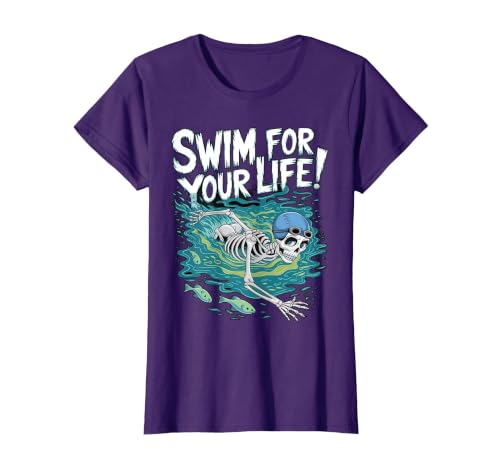 Swim Lover Halloween Custom Tee For Swimmers Kids Halloween Skeleton Swimming Swim for Your Life Swimmers Dad T-Shirt - size