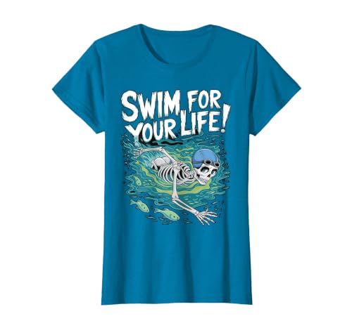 Swim Lover Halloween Custom Tee For Swimmers Kids Halloween Skeleton Swimming Swim for Your Life Swimmers Dad T-Shirt - size