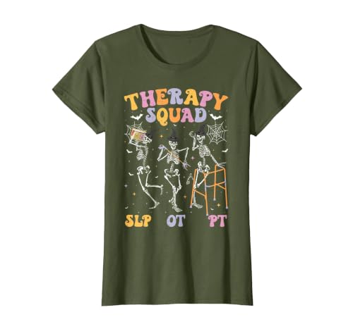 Speech Occupational Physical Therapy Halloween Therapy Squad SLP OT PT Halloween Speech Physical Skeleton T-Shirt - size