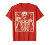 Funny Skeleton Drinking Bourbon Whiskey Halloween Alcoholic T-Shirt - size chart
