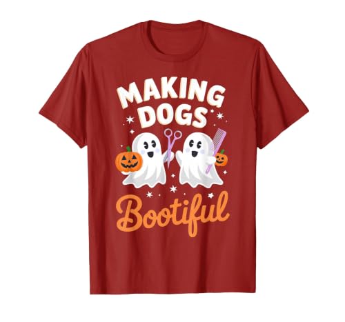 Dog Lover Spooky Grooming Groomer Attire Pet Groomer Funny Halloween Making Dogs Bootiful T-Shirt - size chart