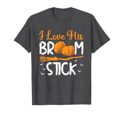 Match Halloween Couple Costumes I Love His Broomstick I Love Her Pumpkins T-Shirt - size chart