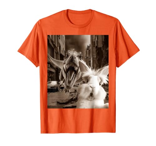 Funny Bunny Rabbit Selfie with T-Rex Tyrannosaurus Dinosaur T-Shirt — design detail