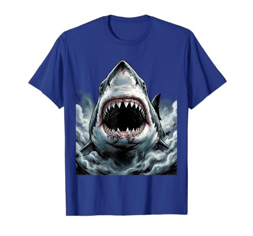 Mademark Great White Shark Emerging From Fog Illustration T-Shirt - size chart