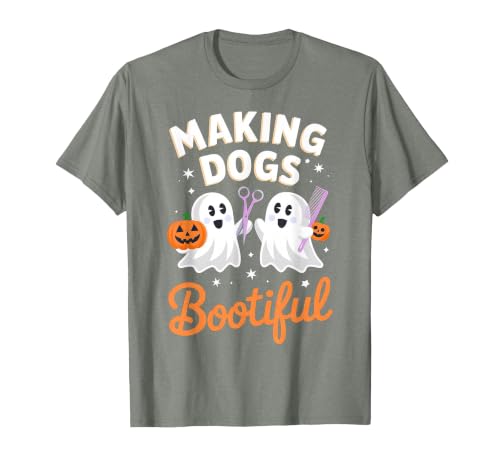Dog Lover Spooky Grooming Groomer Attire Pet Groomer Funny Halloween Making Dogs Bootiful T-Shirt - size chart