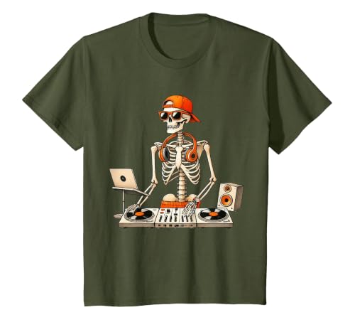 Funny Skeleton DJ Halloween Men Outfit Skeleton DJ Halloween Costume Turntable Music Funny Men Boys T-Shirt - size chart