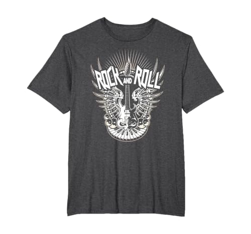 Rock and Roll Music Vintage Retro Gifts Vintage 80s Rock & Roll Music Electric Guitar Skeleton Wings T-Shirt - size chart