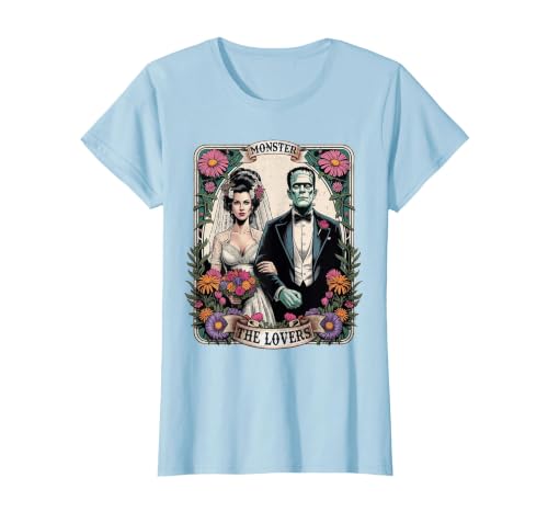 The Lovers Tarot Card Spooky Halloween Women Men The Monster Frankenstein and Bride The Lovers Tarot Card T-Shirt - size