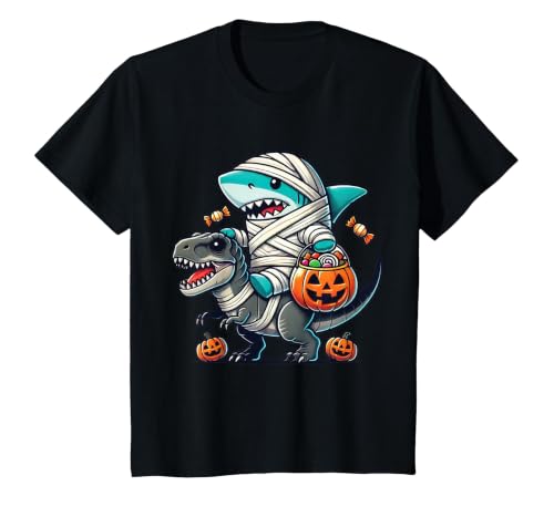 Funny Shark Dinosaur Halloween Kids Boys Tees Shark Riding Dinosaur T-rex Funny Halloween Pumpkin Boys Kid T-Shirt - size