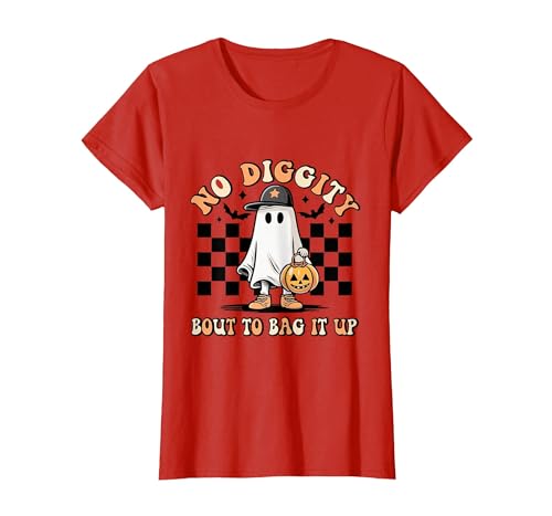 Halloween Pumkin Trick Or Treat Apparel No Diggity About to Bag It Up Trick Treat Candy Halloween T-Shirt - size chart