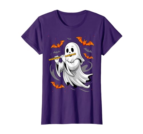 Ghost Halloween Lover Gift Co. Boo Ghost Playing Flute Halloween Musical Instrument T-Shirt - size chart