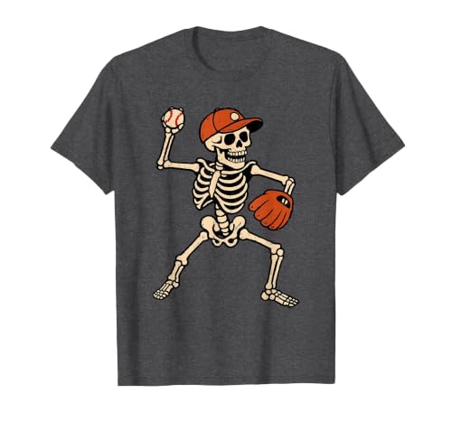 Funny Skeleton Baseball Tee Skeleton Baseball Halloween Costume Pitcher Sport Player T-Shirt - size chart