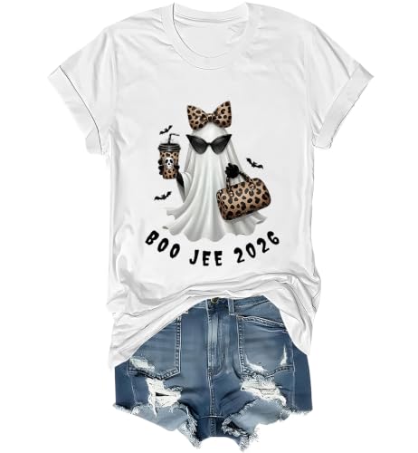 WQFQW Boo JEE 2026 Ghost Funny Halloween Leopard Print Ghost Shirt for Women - size chart