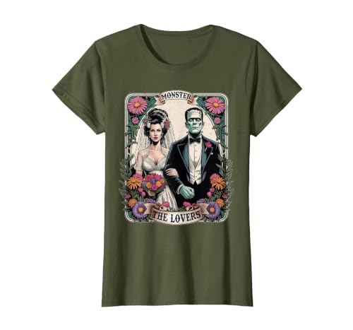The Lovers Tarot Card Spooky Halloween Women Men The Monster Frankenstein and Bride The Lovers Tarot Card T-Shirt - size