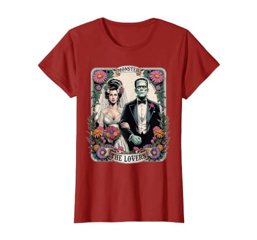The Lovers Tarot Card Spooky Halloween Women Men The Monster Frankenstein and Bride The Lovers Tarot Card T-Shirt - size