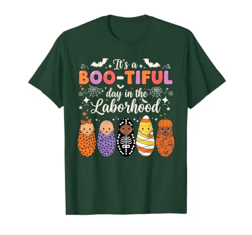 Its A Bootiful Day In The Laborhood Tee Nurse Spooky Swaddle Squad Halloween Funny Labor and Delivery T-Shirt - size chart