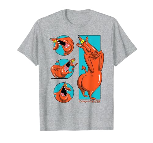 Cow and Chicken Red Guy Poses Collage Cartoon T-Shirt - size chart