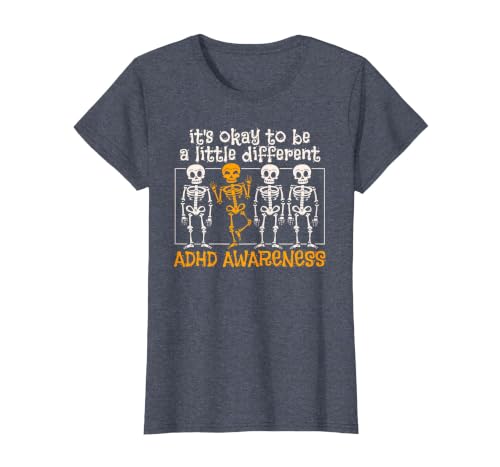 Orange Ribbon ADHD Awareness clothing Halloween Skeleton ADHD Awareness T-Shirt - size chart