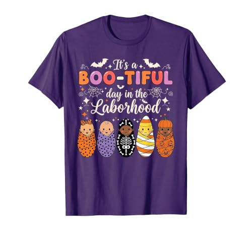 Its A Bootiful Day In The Laborhood Tee Nurse Spooky Swaddle Squad Halloween Funny Labor and Delivery T-Shirt - size chart