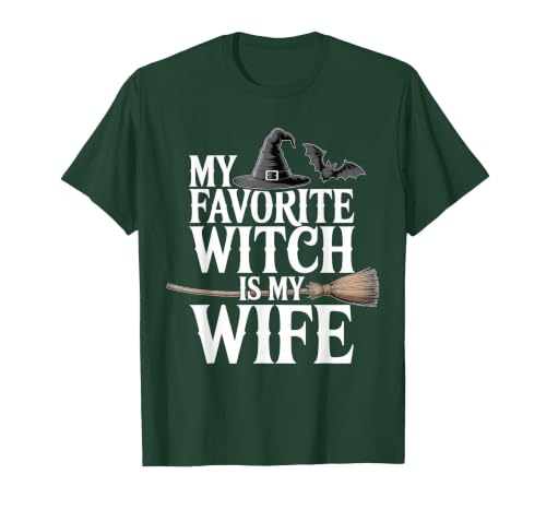 Cute Spooky Season Party Trick-or-treating Custume My Favorite Witch is My Wife Funny Halloween Husband Couple T-Shirt -