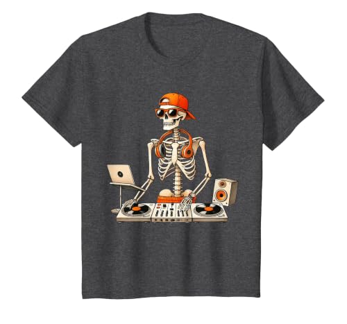 Funny Skeleton DJ Halloween Men Outfit Skeleton DJ Halloween Costume Turntable Music Funny Men Boys T-Shirt - size chart