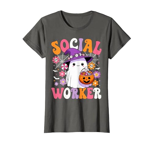 Groovy Social Worker Halloween Ghost Costume Halloween Social Worker Ghost Cute Social Worker Halloween T-Shirt - size chart