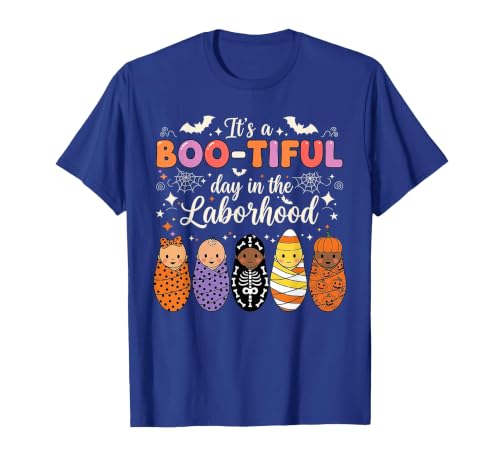 Its A Bootiful Day In The Laborhood Tee Nurse Spooky Swaddle Squad Halloween Funny Labor and Delivery T-Shirt - size chart