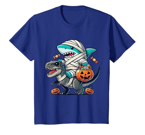 Funny Shark Dinosaur Halloween Kids Boys Tees Shark Riding Dinosaur T-rex Funny Halloween Pumpkin Boys Kid T-Shirt - size